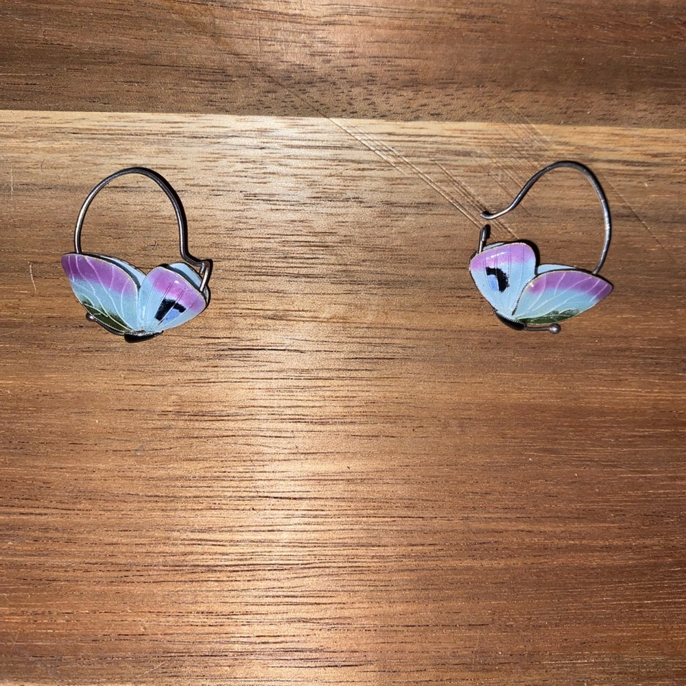 1970s Thousand Flowers Cloisonné Double Sided Butterfly Earrings, Blue, Lavender